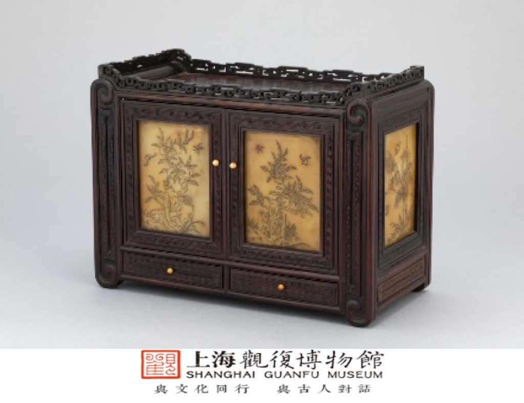 红木嵌寿山石花鸟纹文具箱 